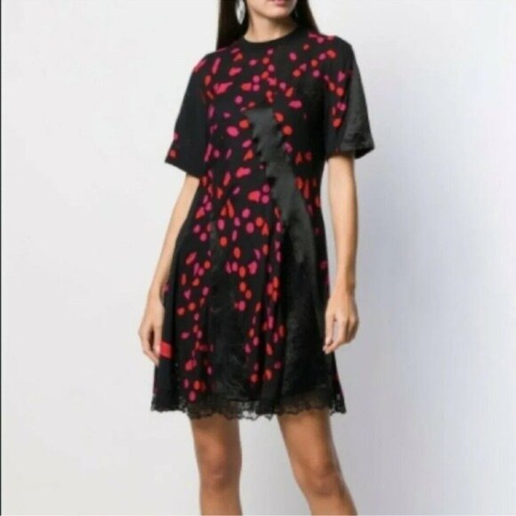 KOCHE Twisted Dotted Lace Mini Dress XS Black Red Mesh Satin Panel Sheer - Picture 2 of 15